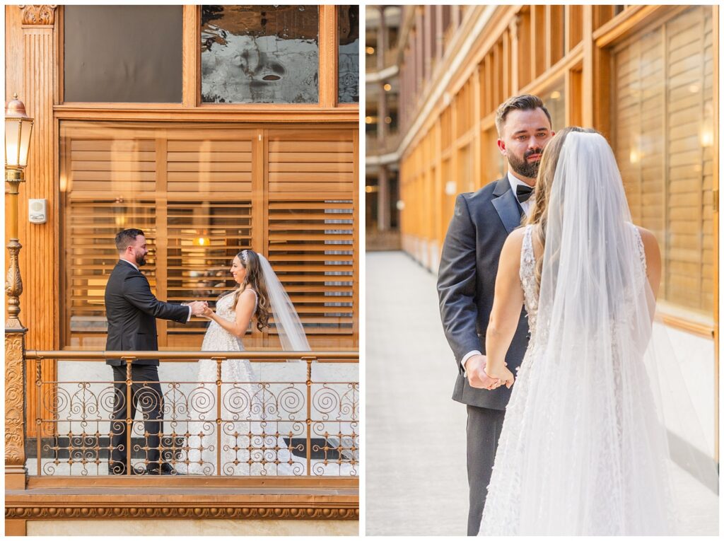 creating a magical first look for wedding at The Arcade in Ohio