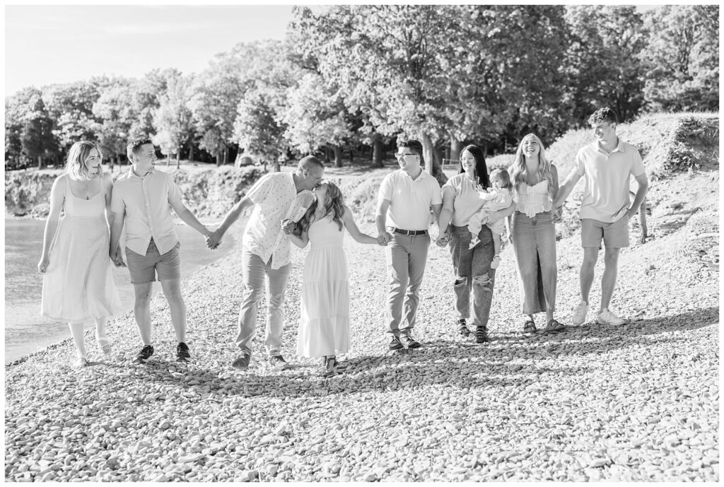 extended family session on the stone beach at Put in Bay, Ohio