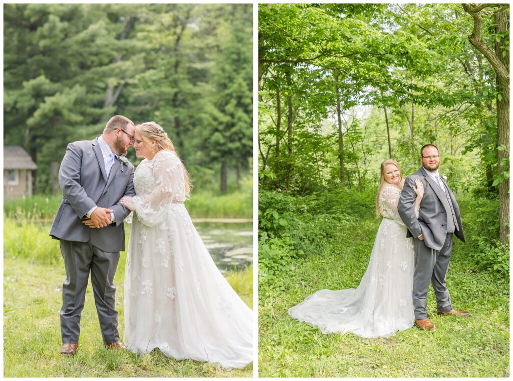 wedding couple holding each other and posing amongst the trees at Bradner Preserve