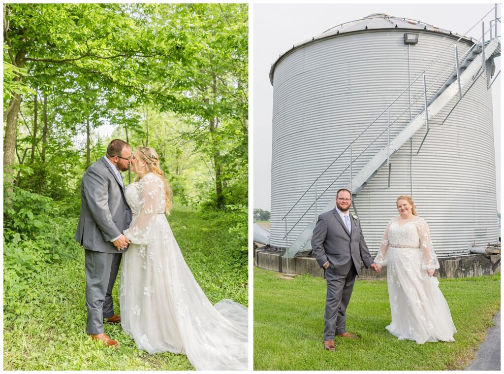 bride and groom posing at trees at Bradner Preserve in Ohio