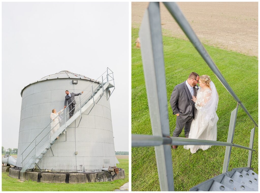 wedding couple posing at the bottom of the grain bin stairs in Risingsun, Ohio