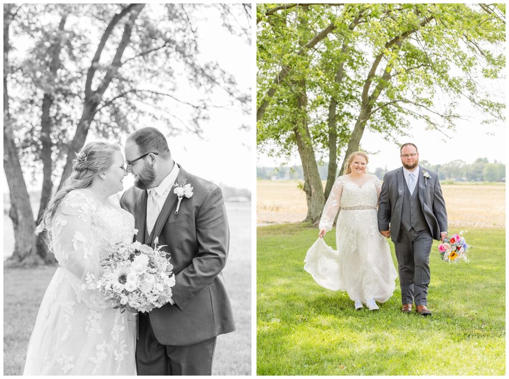 wedding couple walking together in their backyard in Risingsun, Ohio