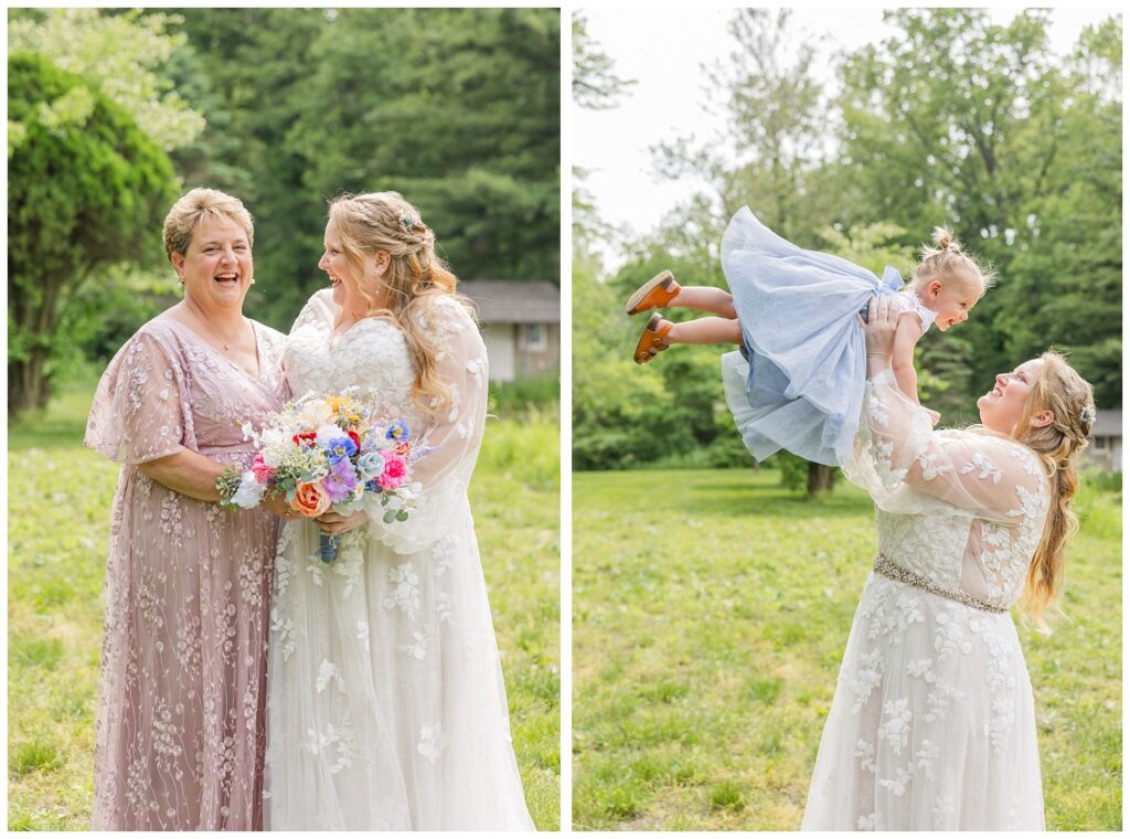 bride spinning around her flower girl at Bradner Preserve in Ohio during family portraits