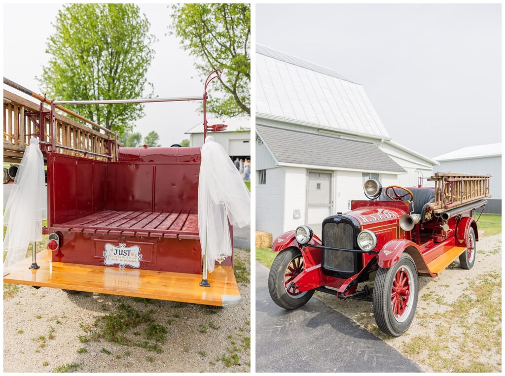 old red vintage Risingsun, Ohio fire truck used for summer wedding