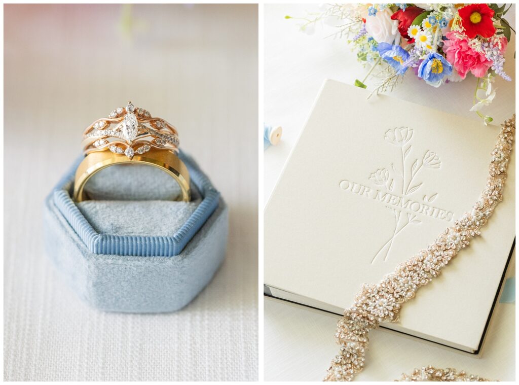 gold and diamond wedding rings sitting in a blue ring box in Risingsun, Ohio