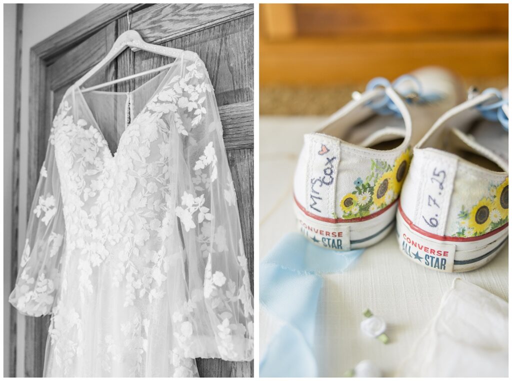 bride's white Converse shoed with blue laces sitting on blue ribbon