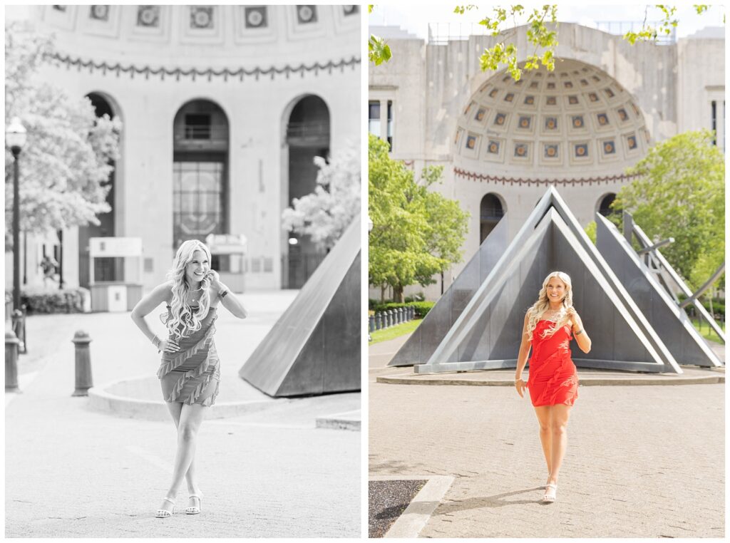 high school senior posing in a red dress and laughing on Ohio State's campus