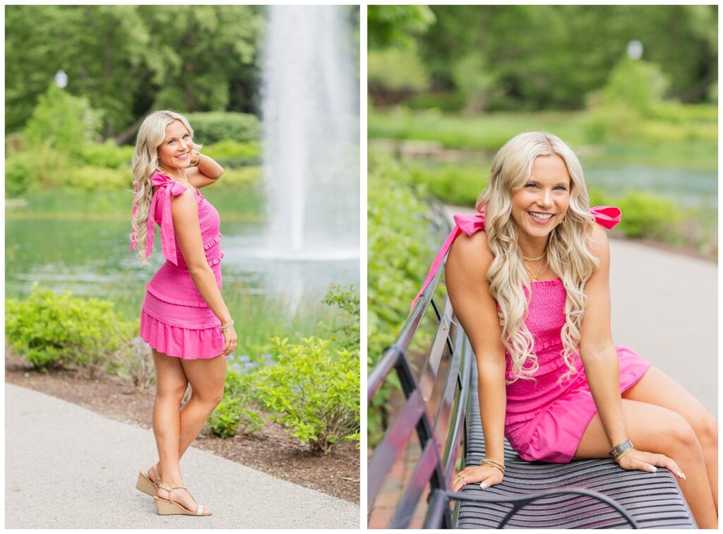 girl wearing a pink dress and posing on a bench next to Mirror Lake at Ohio State