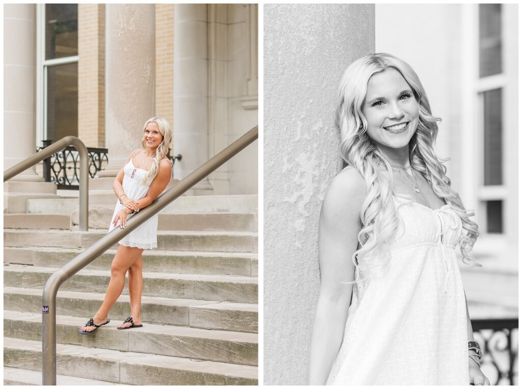 senior girl wearing a white dress posing on stairs at Columbus, Ohio portrait session