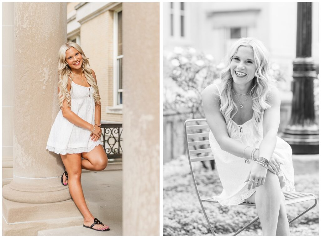 high school senior girl leaning against a large column at Ohio State portrait session