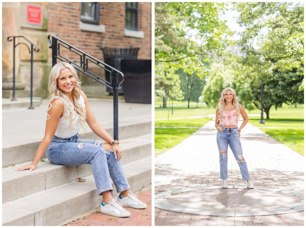 senior girl wearing a pink top and jeans posing at the Oval at Ohio State