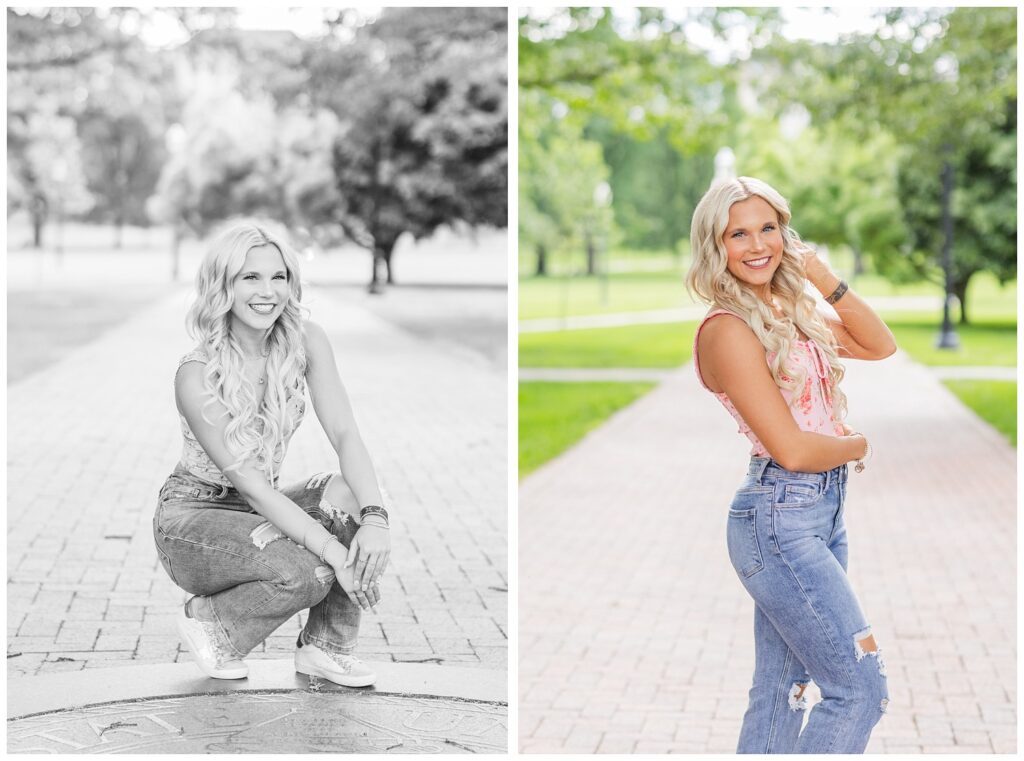 senior girl posing on The Oval sidewalk at Ohio State in Columbus