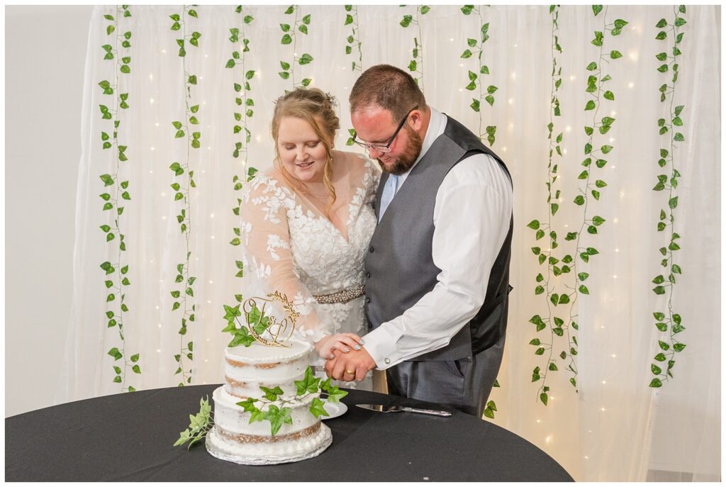 bride and groom cutting their white two-tiered cake at Fostoria, Ohio wedding reception