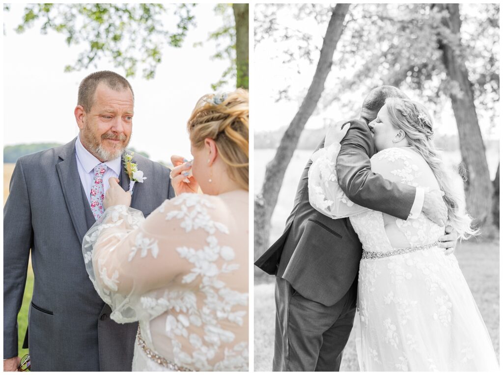 bride hugging her dad after their first look at her home in Risingsun, Ohio