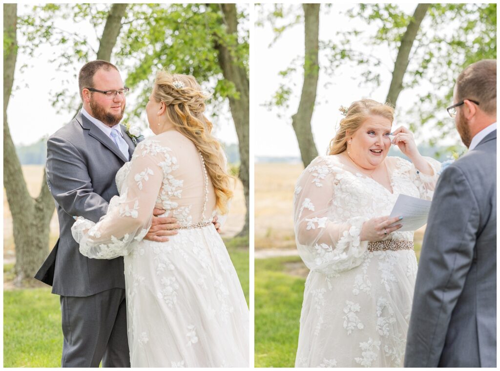 bride crying while reading her vows during first look in Fostoria, Ohio