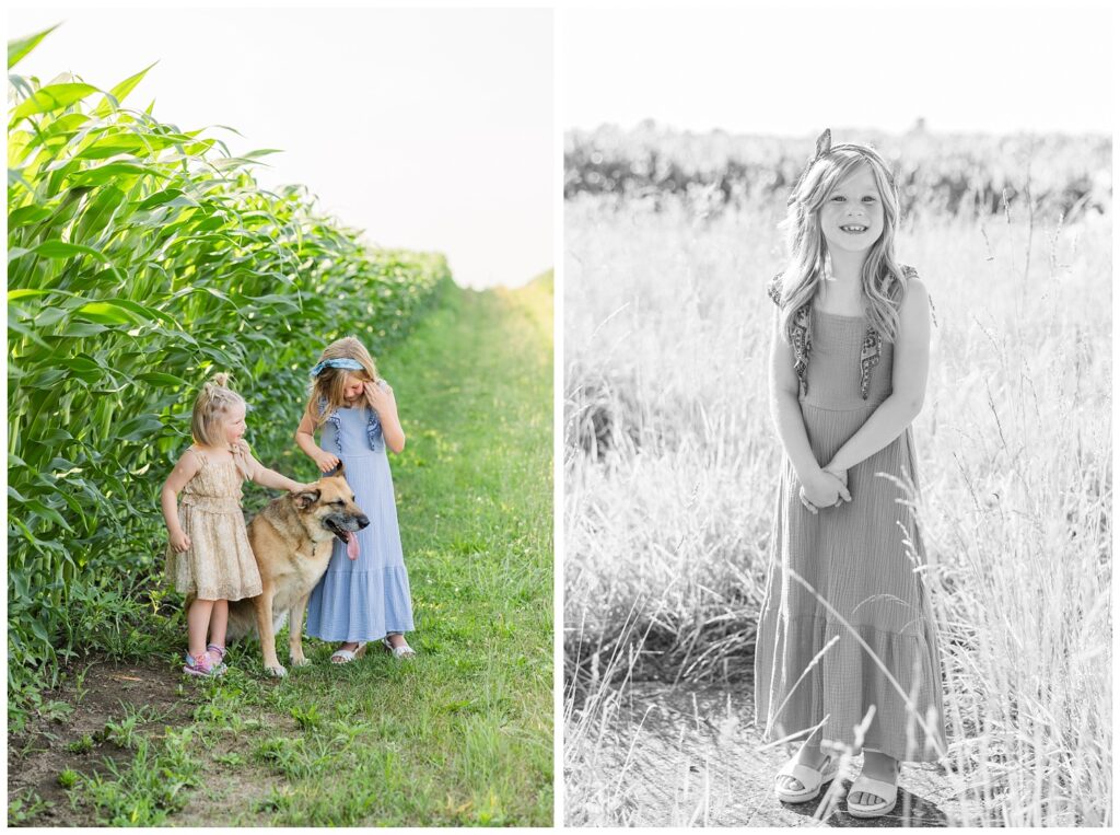 sisters petting their dog next to corn stalks with Sandusky, Ohio family photographer