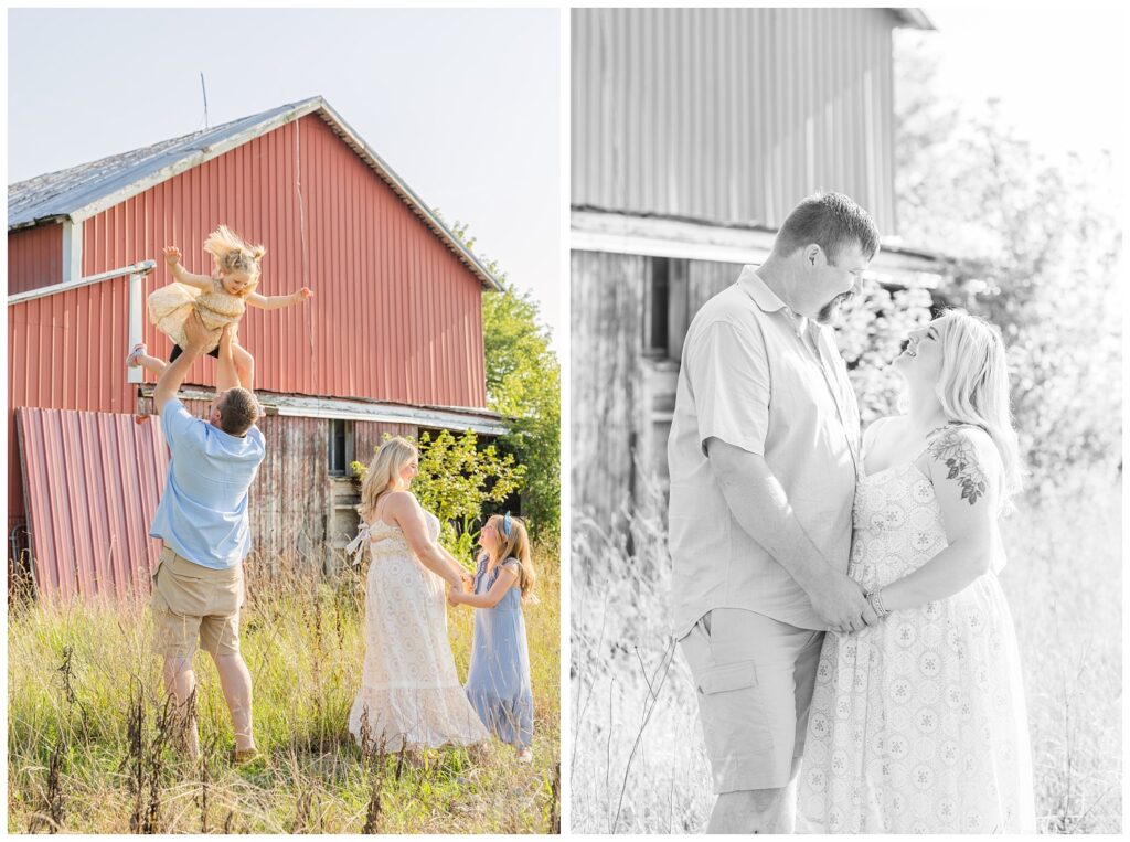 family playing together in tall grass next to a red barn in Fremont, Ohio