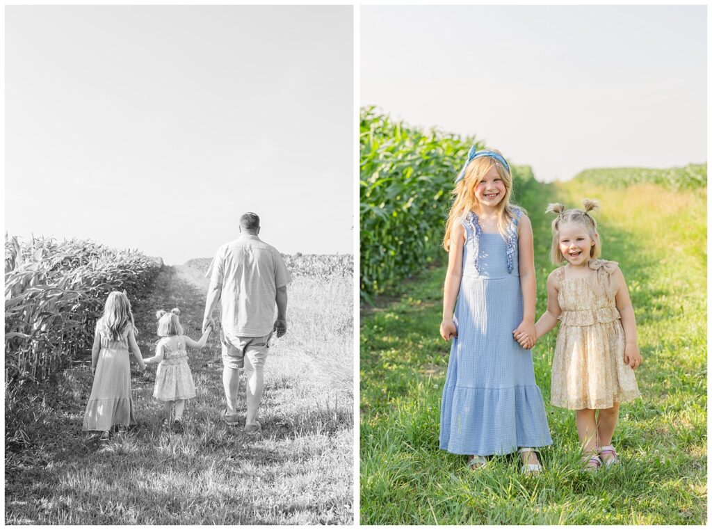 dad walking with her two girls next to a corn field in Fremont, Ohio