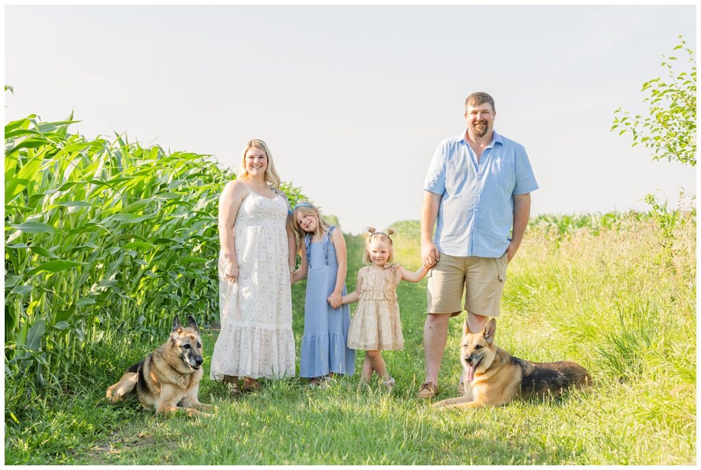 family posing next to a corn field with their two dogs at summer session