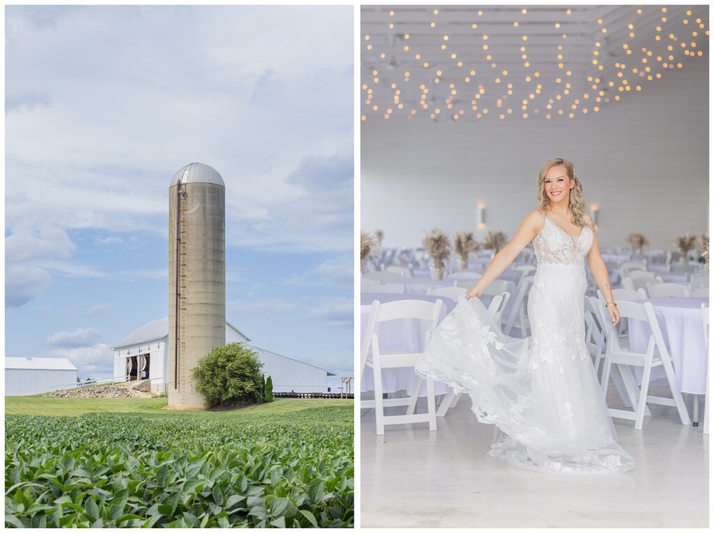 bride twirling in her dress inside the venue at Arlington Acres in Tiffin, Ohio