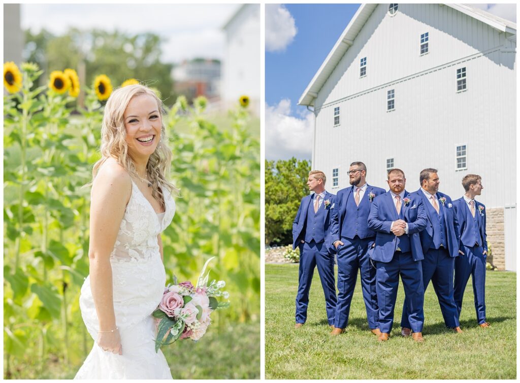 bride smiling while posing in front of a sunflower field at Arlington Acres venue