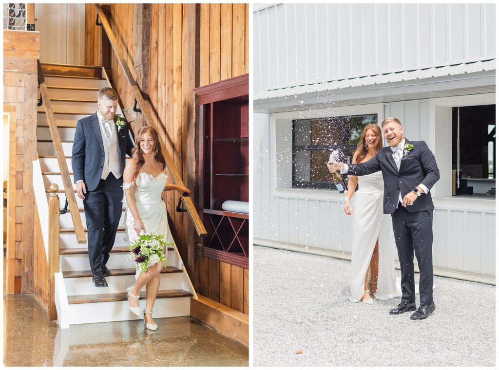 wedding couple popping a bottle of champagne on the outside balcony at The Barn at Seneca Hills