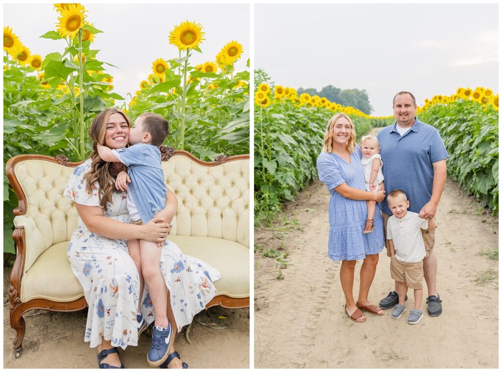 mom hugging her son on a large couch at a sunflower farm
