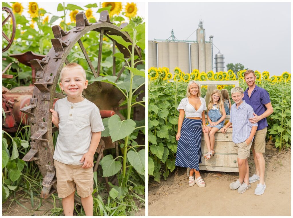 family posing at a sunflower farm for mini sessions in Lindsey, Ohio