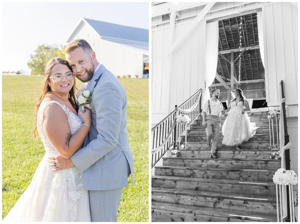 bride and groom posing in front of Tiffin, Ohio wedding venue