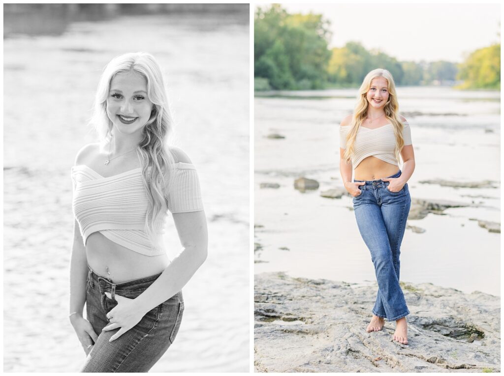 senior girl posing on the water near Tindall Bridge in Fremont, Ohio