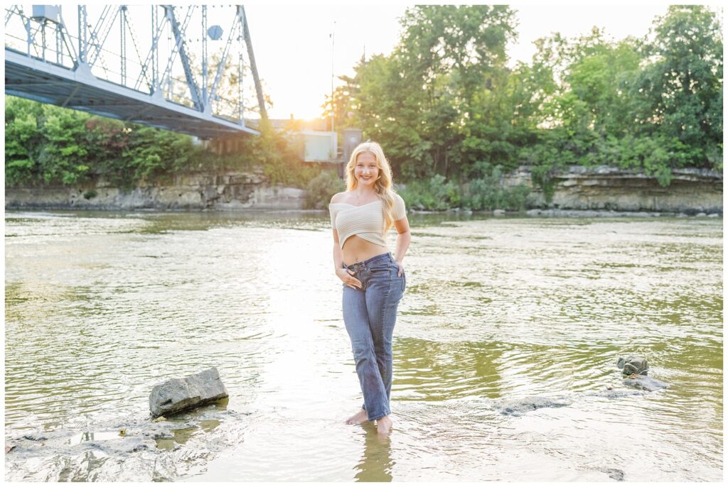 high school senior session in the water at Tindall Bridge in Fremont, Ohio