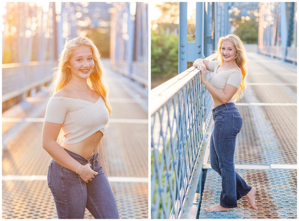girl posing barefoot on the Tindall Bridge at sunset in Fremont, Ohio