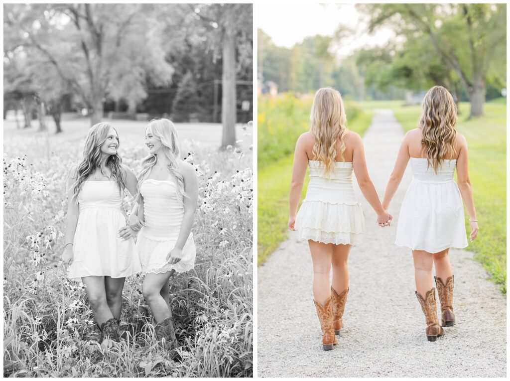 two senior best friends holding hands and walking on a path in Fremont, Ohio