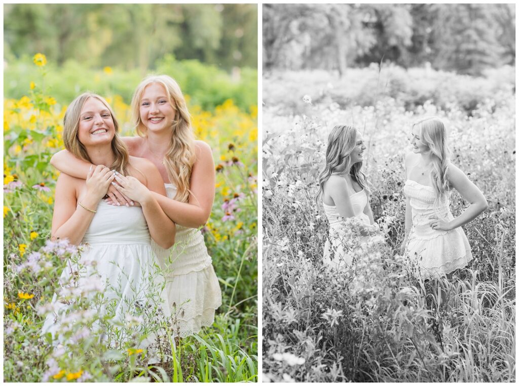 best friends hugging and laughing in a field for senior session in Fremont, Ohio