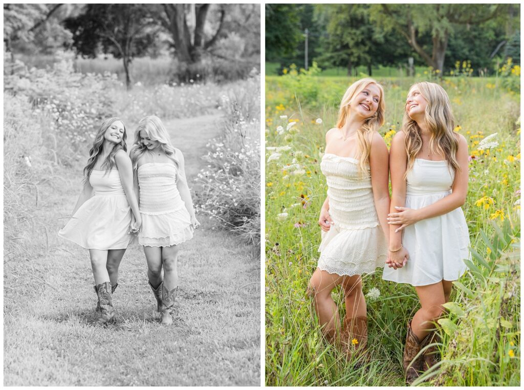 senior session with two best friends laughing at Don Miller Park