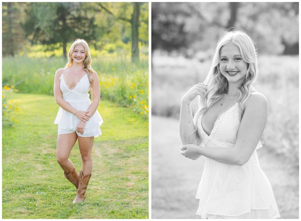 senior girl wearing a white dress and cowboy boots at Ohio photoshoot