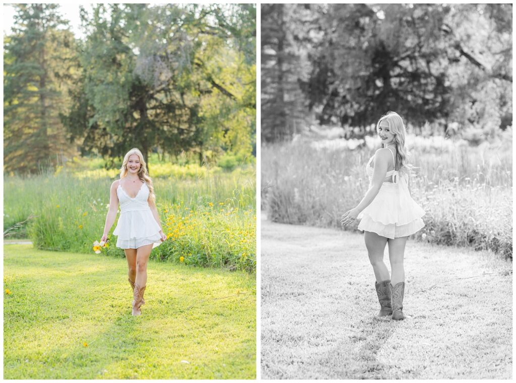 girl holding a bouquet of yellow and white flowers in Don Miller Park for senior session