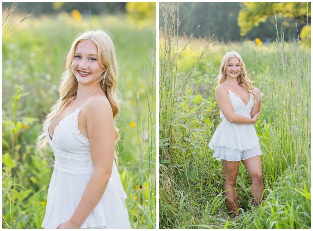 senior girl posing in a yellow flower field in Fremont, Ohio at Don Miller
Park