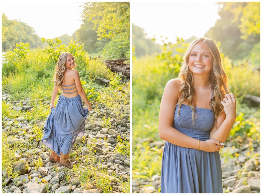senior girl twirling in a blue long dress at Don Miller Park in Ohio
