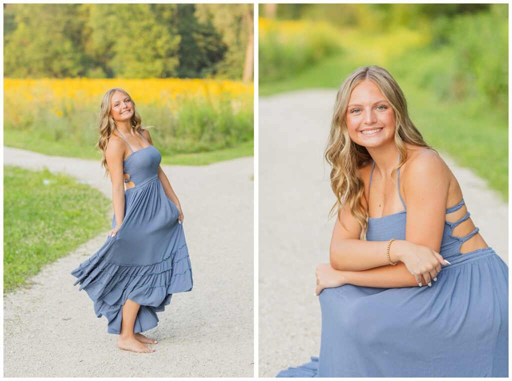 high school senior squatting on a pathway wearing a blue dress at Don Miller Park