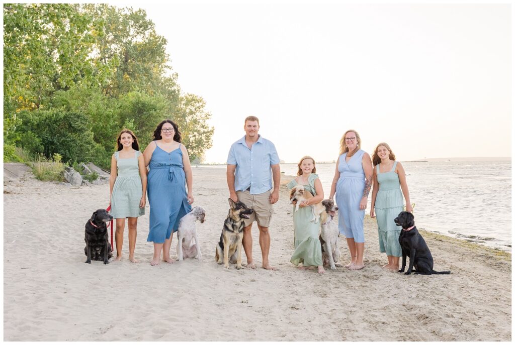 family standing on the beach with their dogs at sunset in Sandusky, OHio