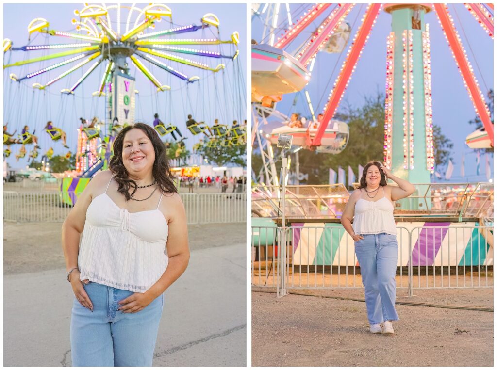 senior girl wearing jeans and white top near the amusement rides at Sandusky county fair