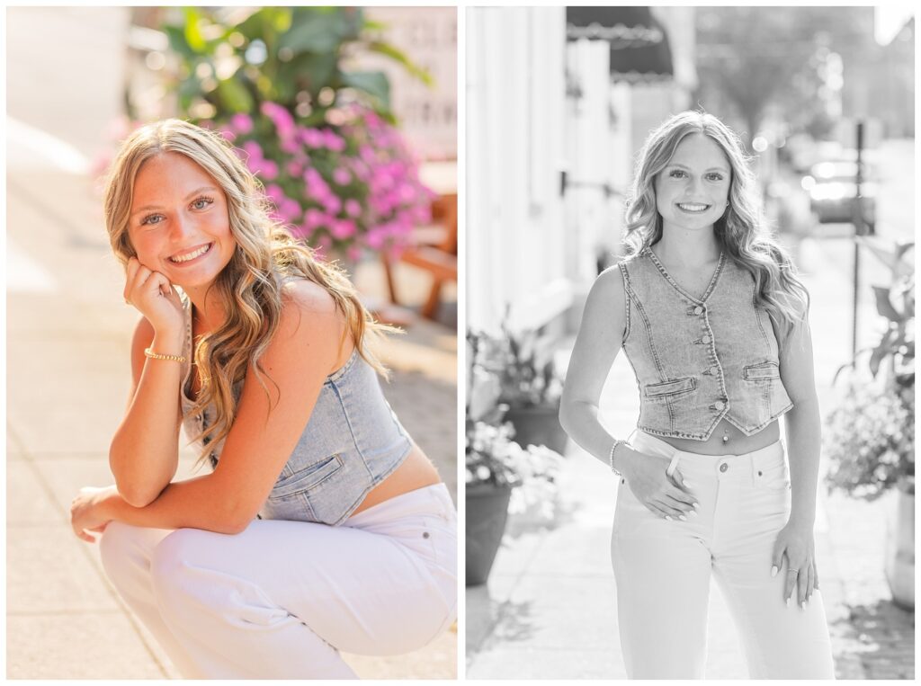 senior girl posing in white jeans for downtown portrait session in Fremont, Ohio