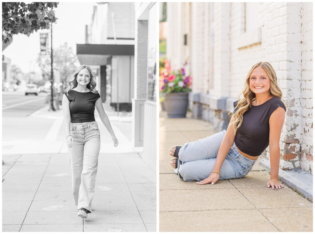 girl wearing black shirt and jeans posing in downtown Fremont, Ohio