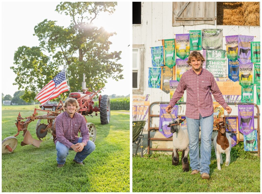 senior boy holding two of his goats while posing in front of his FFA awards