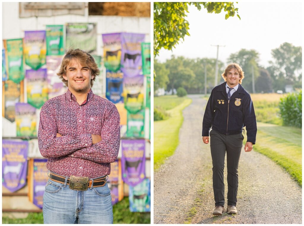 senior boy posing on the gravel road wearing his FFA jacket in Fremont, Ohio