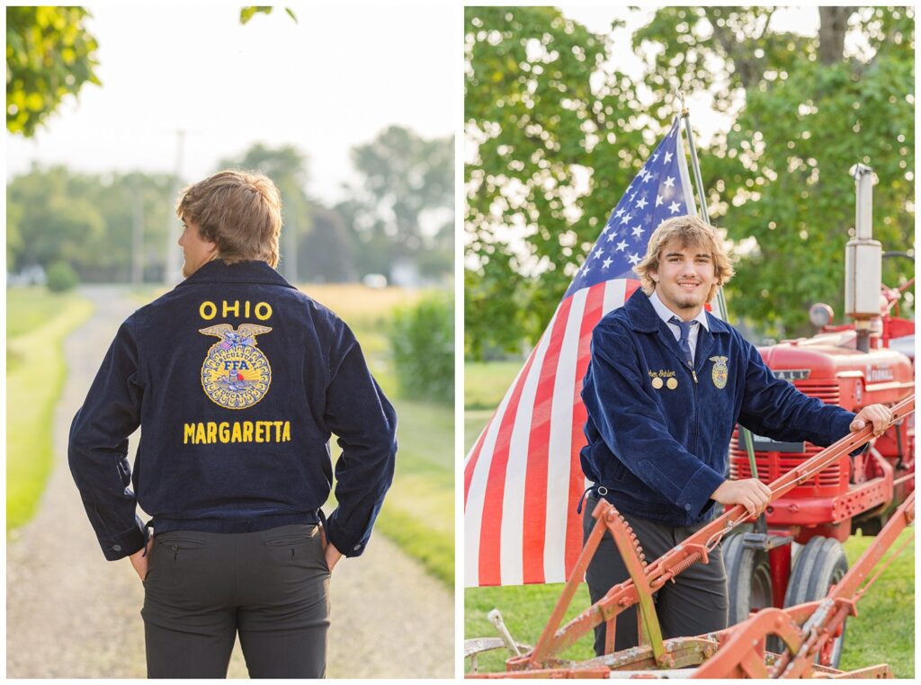 senior boy posing on his red tractor wearing his FFA jacket near the Ohio state fair