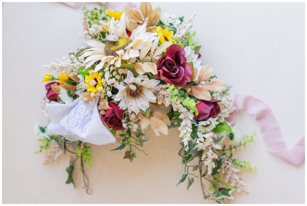 bride's wedding bouquet sitting on a flat mat in Fremont, Ohio