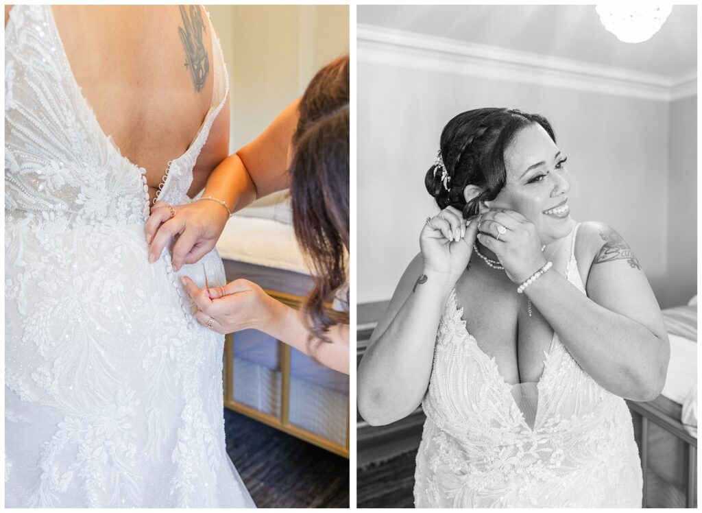 bride putting on her earrings while getting ready for her Fremont, Ohio wedding
