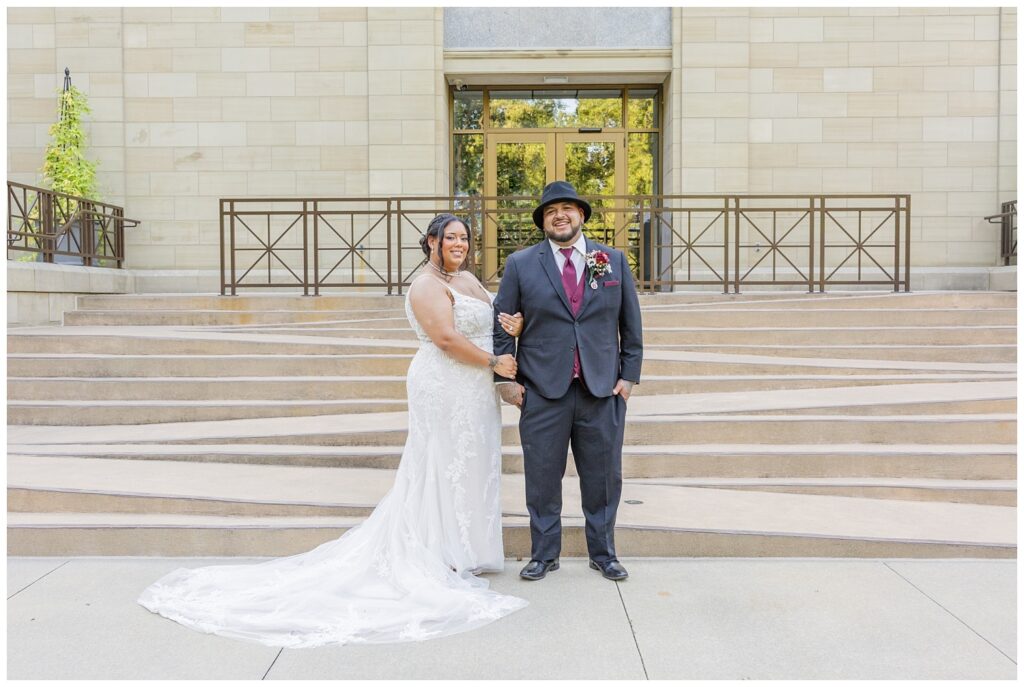 wedding couple posing on the ramps of the Hayes Center in Fremont, Ohio